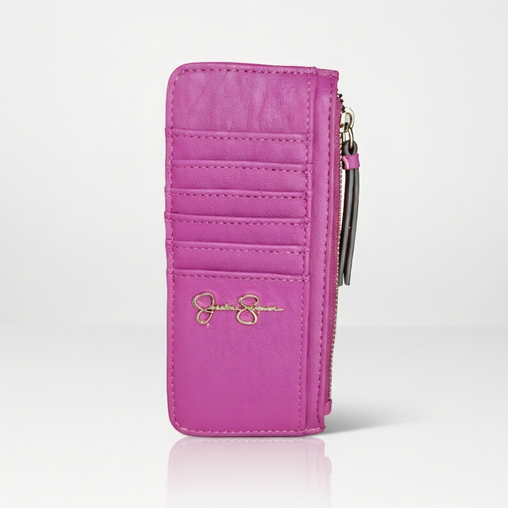 Jessica Simpson 7x3" Card Holder Wallet Fuchsia Pink 3 Pockets Zip Faux Leather